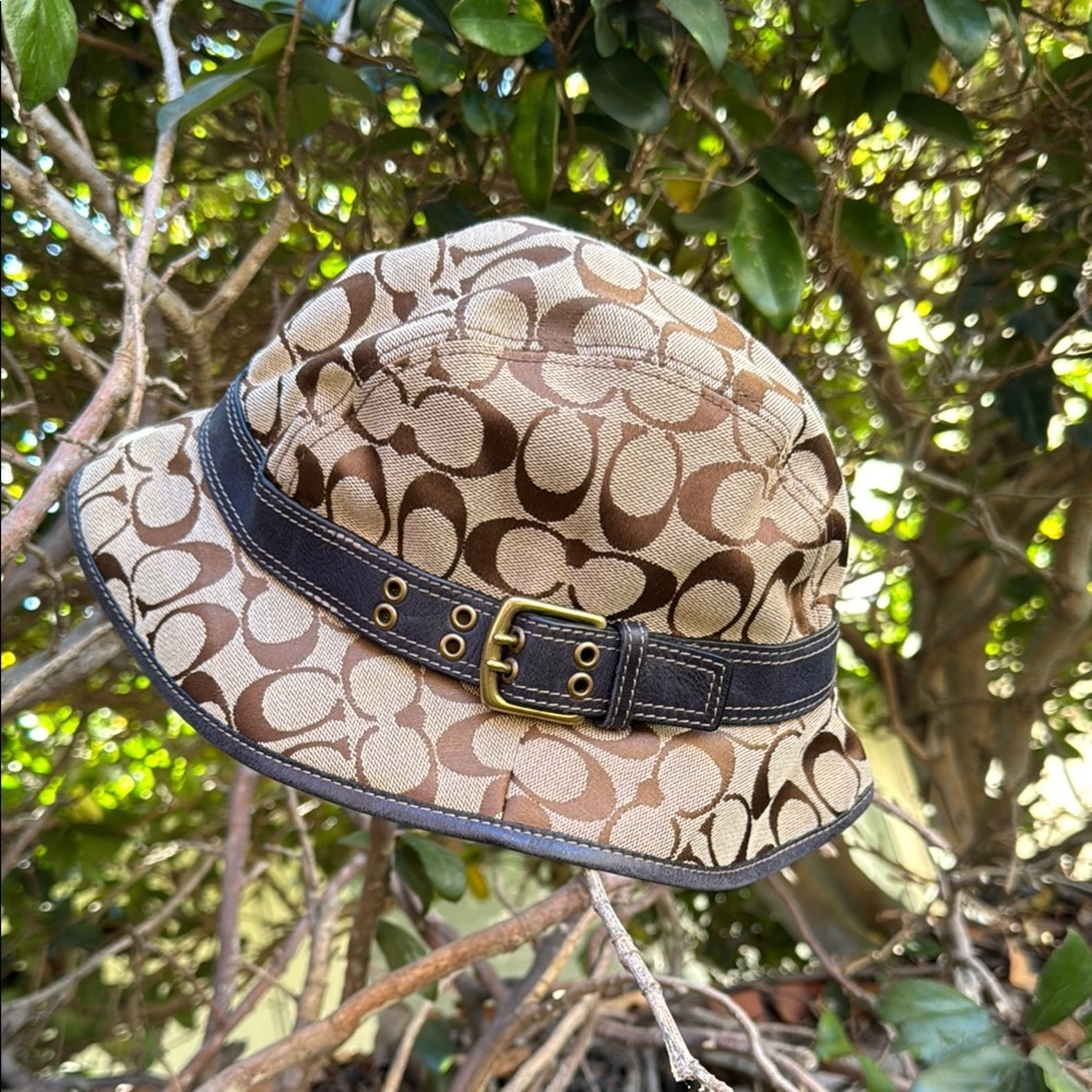 Coach Signature Tan Brown Canvas Bucket Hat with Dark Brown Trim